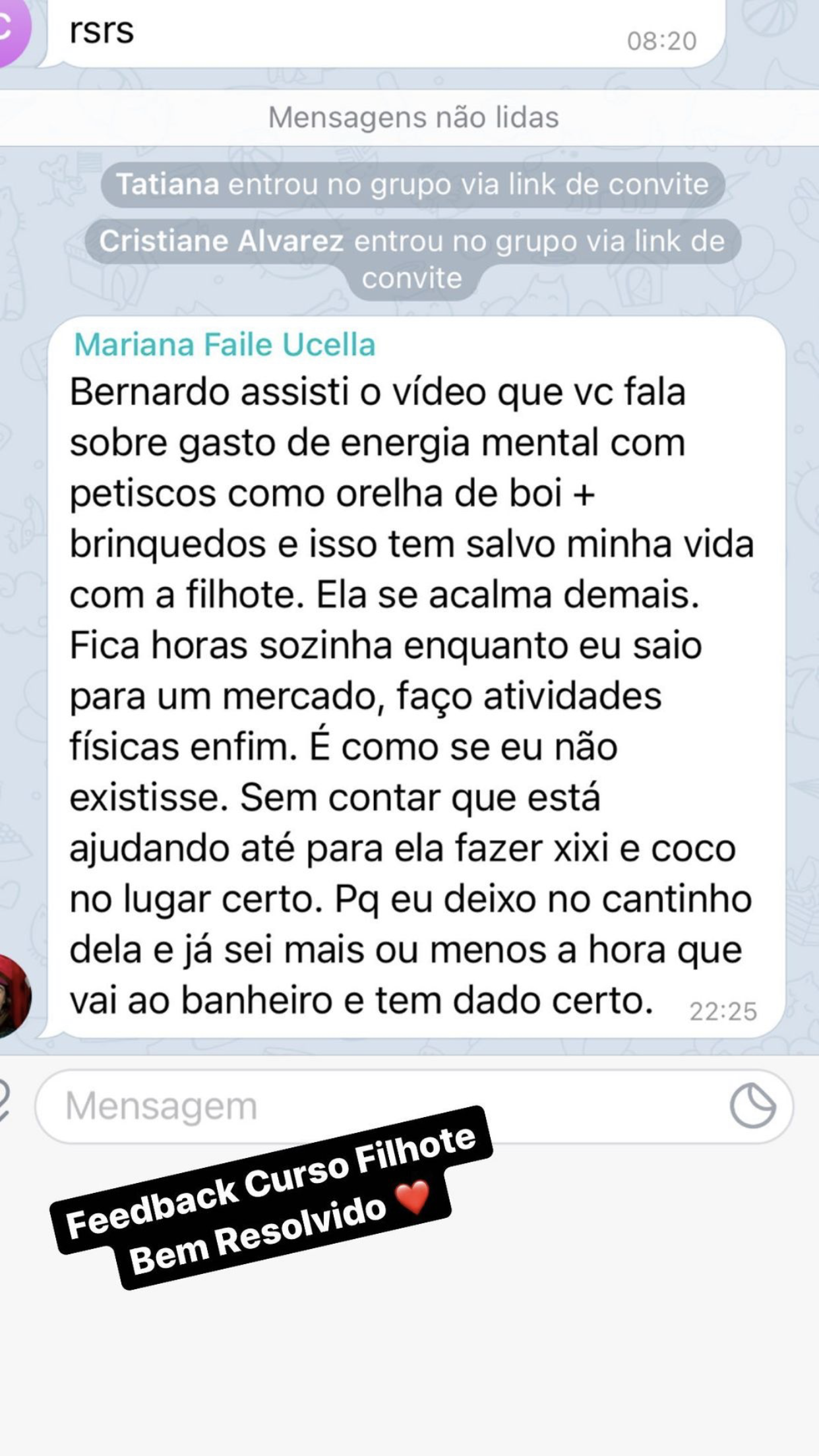 Curso Cão Bem Resolvido depoimento e resultados prints de alunos