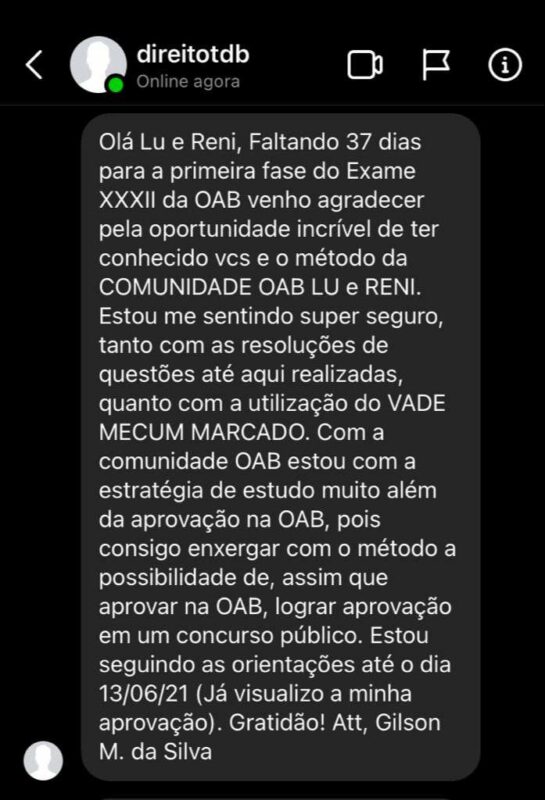 Comunidade OAB Lu e Reni depoimento e resultados prints de alunos