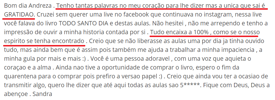 Todo Santo Dia da Andreza Carício depoimento e resultados prints de alunos