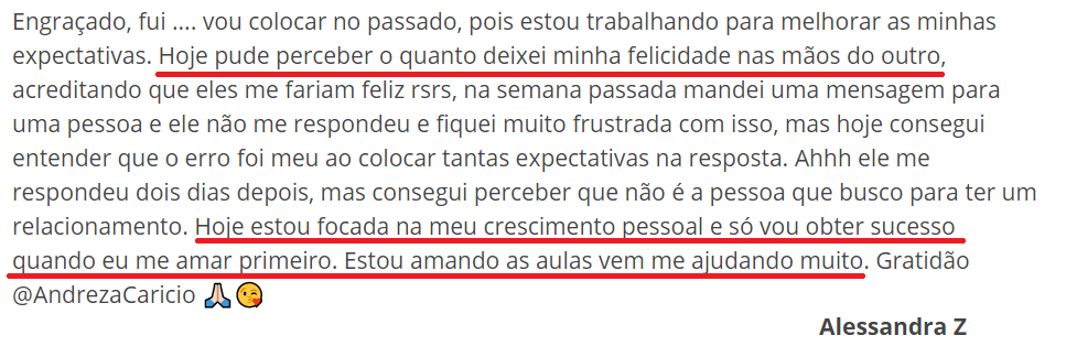 Todo Santo Dia da Andreza Carício depoimento e resultados prints de alunos