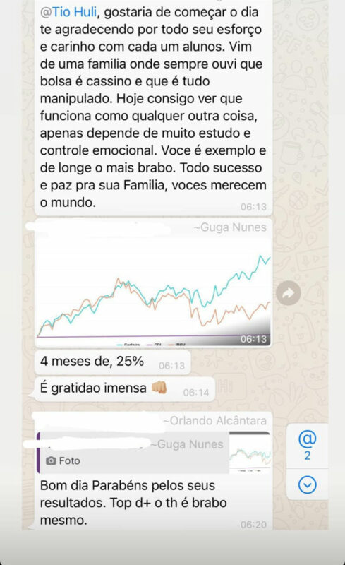 InvestClub do Tio Huli depoimento e resultados prints de alunos