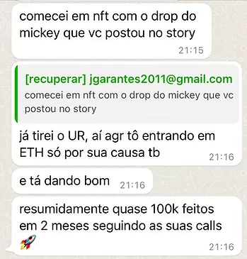 Mentoria NFT Alpha depoimento e resultados prints de alunos