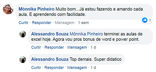 O Melhor Curso de Excel depoimento e resultados prints de alunos