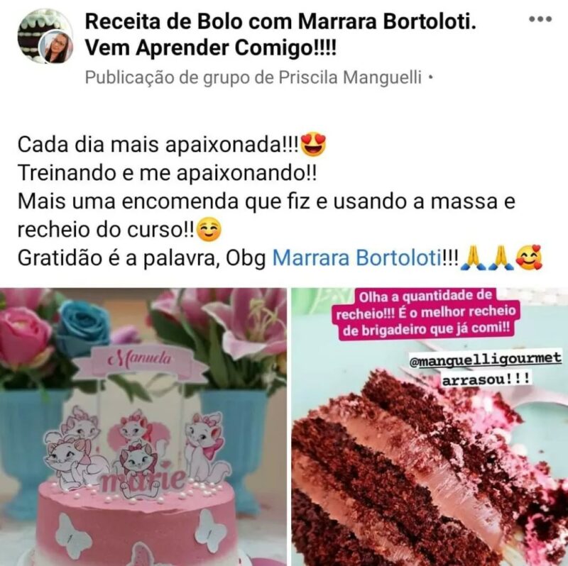 Apostila Bolos de Vitrine da Marrara Bortoloti depoimento e resultados prints de alunos