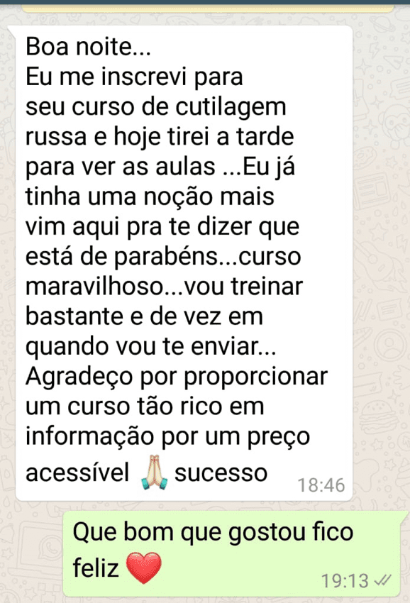 Curso de Cutilagem Russa depoimento e resultados prints de alunos