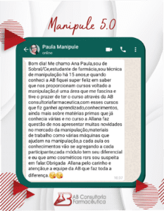 Curso Manipule 5.0 da AB Consultoria Farmacêutica depoimento e resultados prints de alunos