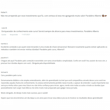 Curso Alquimia dos Investimentos depoimento e resultados prints de alunos