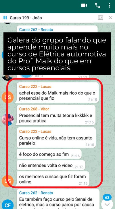 Curso de Elétrica Automotiva depoimento e resultados prints de alunos