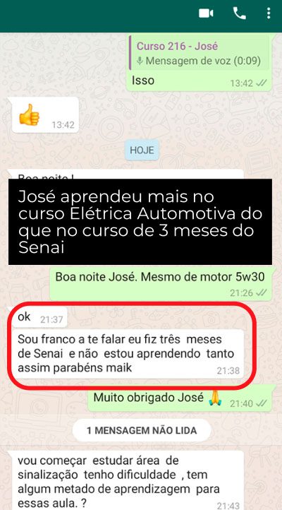 Curso de Elétrica Automotiva depoimento e resultados prints de alunos