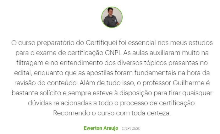 Curso Preparatório para o Exame do CNPI da Certifiquei depoimento e resultados prints de alunos