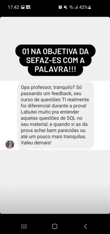 Curso TI Total para Área Fiscal e Controle depoimento e resultados prints de alunos