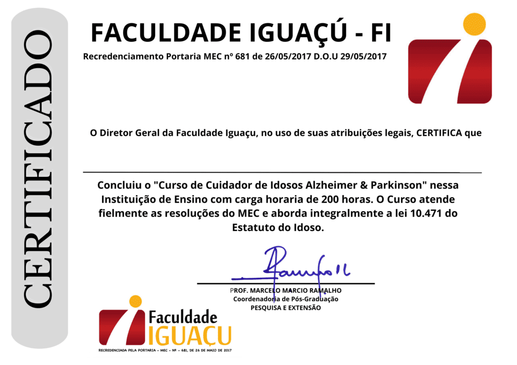 Curso Cuidador de Idosos: Alzheimer e Parkinson certificado mec valido