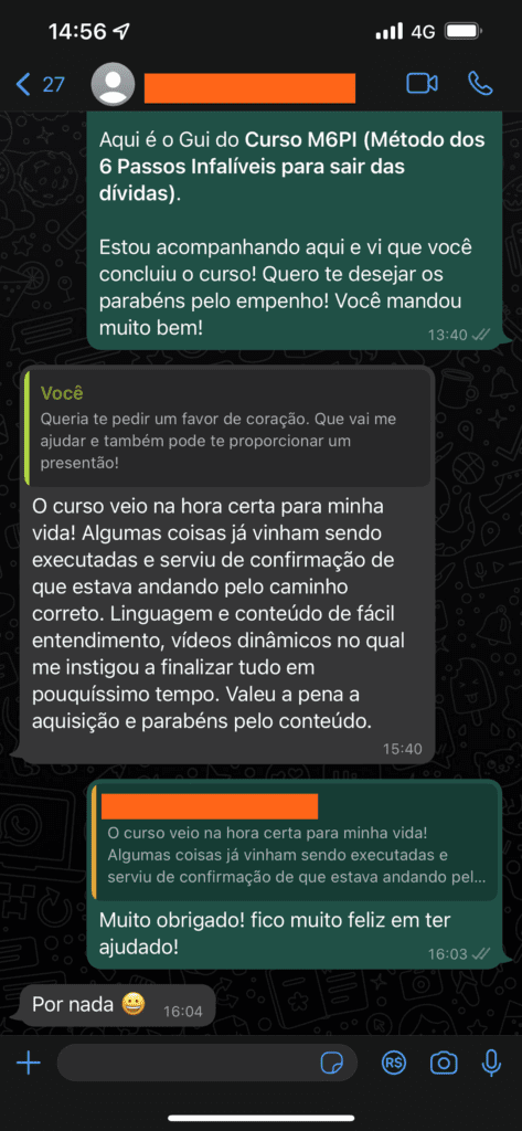 Curso Método dos 6 Passos Infalíveis para sair das dívidas depoimento e resultados prints de alunos