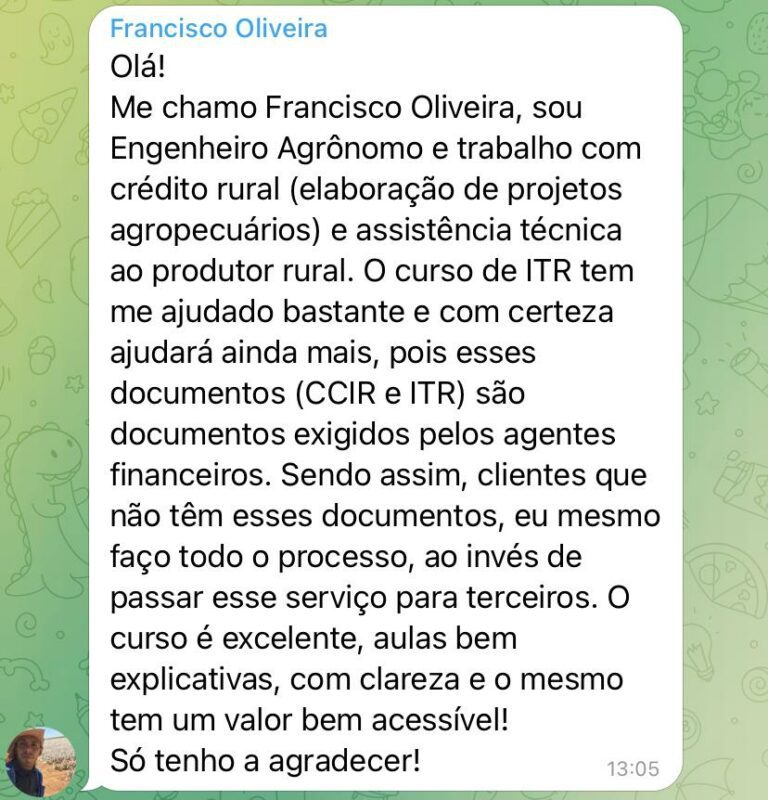 Curso Prático de Imposto sobre a Propriedade Territorial Rural ITR e CCIR depoimento e resultados prints de alunos