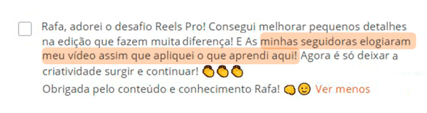 Curso Reels Pro depoimento e resultados prints de alunos