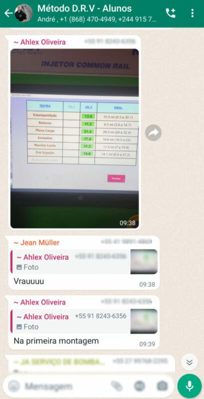 Curso Reparação Common Rail - Método DRV depoimento e resultados prints de alunos