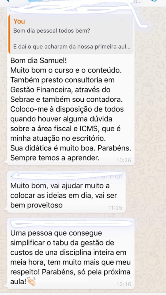 Curso Sucesso Financeiro Empresarial depoimento e resultados prints de alunos