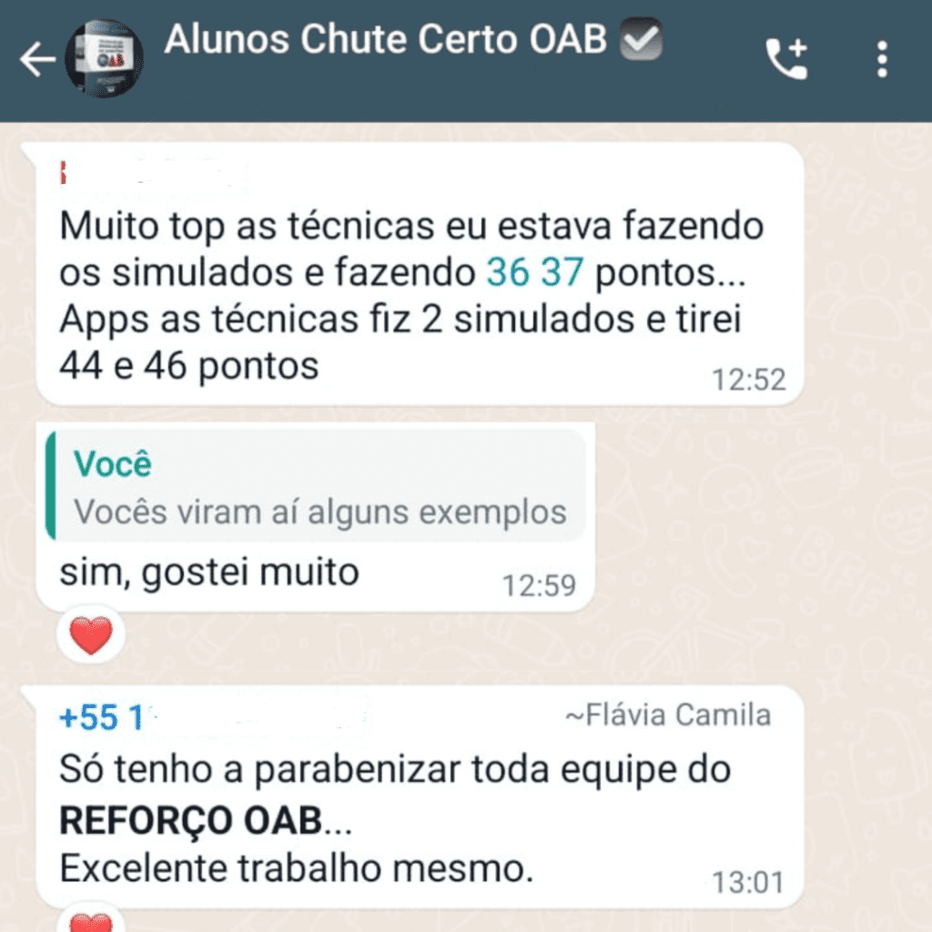 Técnica do Chute Certo OAB depoimento e resultados prints de alunos