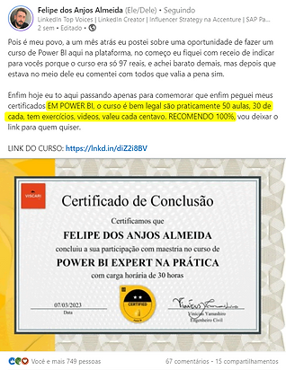 Curso de Excel + Power BI da Viscari depoimento e resultados prints de alunos