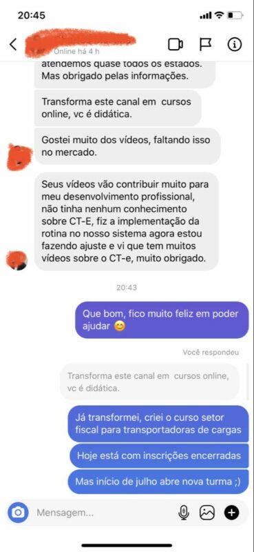 Curso Setor Fiscal para Transportadoras de Cargas depoimento e resultados prints de alunos