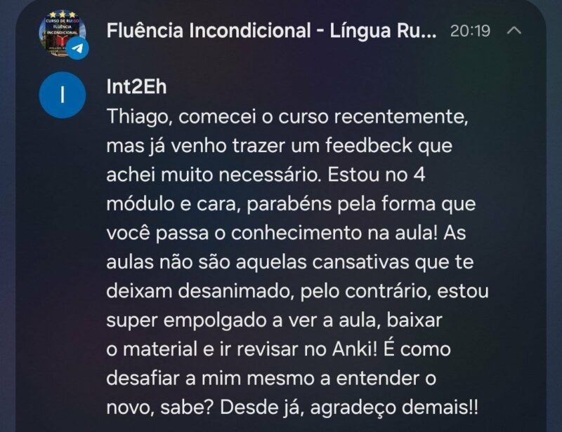 Curso de Russo Fluência Incondicional depoimento e resultados prints de alunos