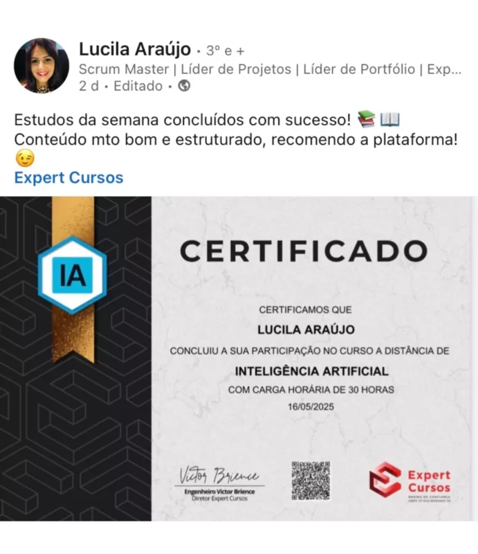 Curso de Inteligência Artificial depoimento e resultados prints de alunos