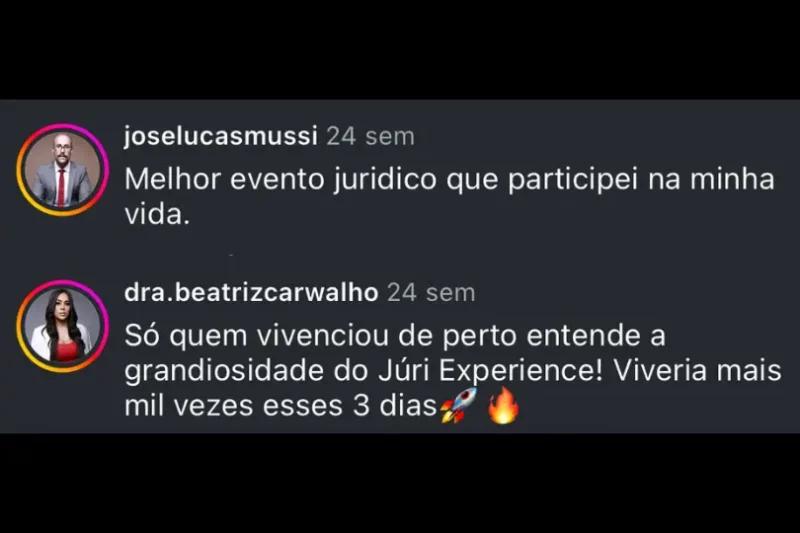 Júri Experience depoimento e resultados prints de alunos