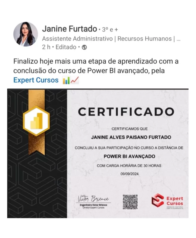 Formação Pacote Office e Power BI depoimento e resultados prints de alunos